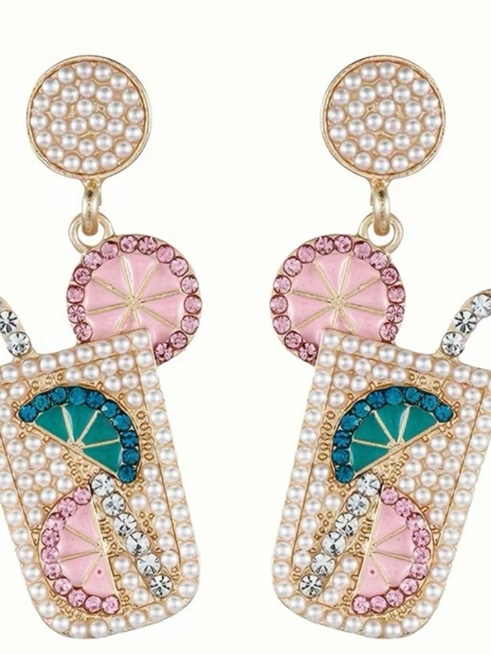 Pearl-Embellished Cocktail Drop Earrings in Pink and Green